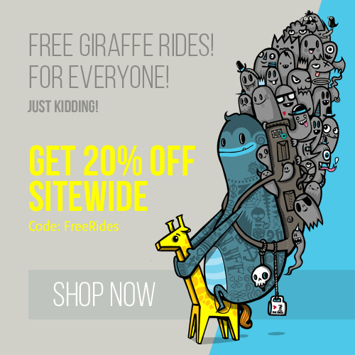 Cartoon character with a giraffe and promotional text for a discount offer.