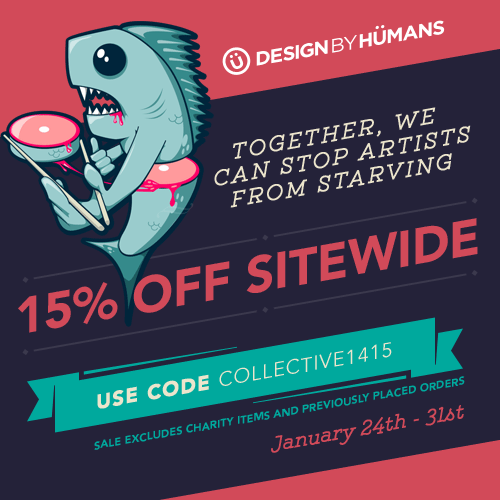 Promotional graphic with a stylized fish character, text about a sale, and 'Design by Humans' branding.