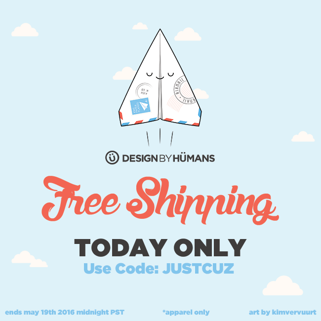 Promotional graphic for free shipping with a sailboat design and 'Design by Humans' branding.