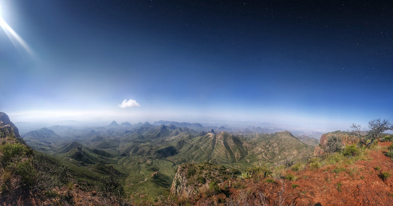 Panoramic view of a mountainous landscape with clear blue sky in Big Bend National Park, TX