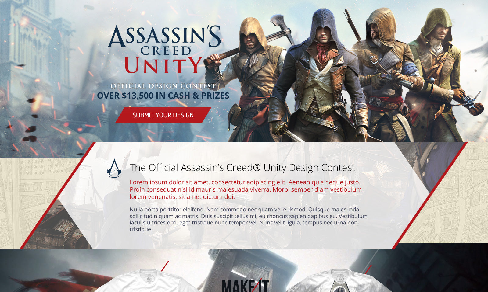 Assassin's Creed Unity design contest landing page with characters and cash prize information.
