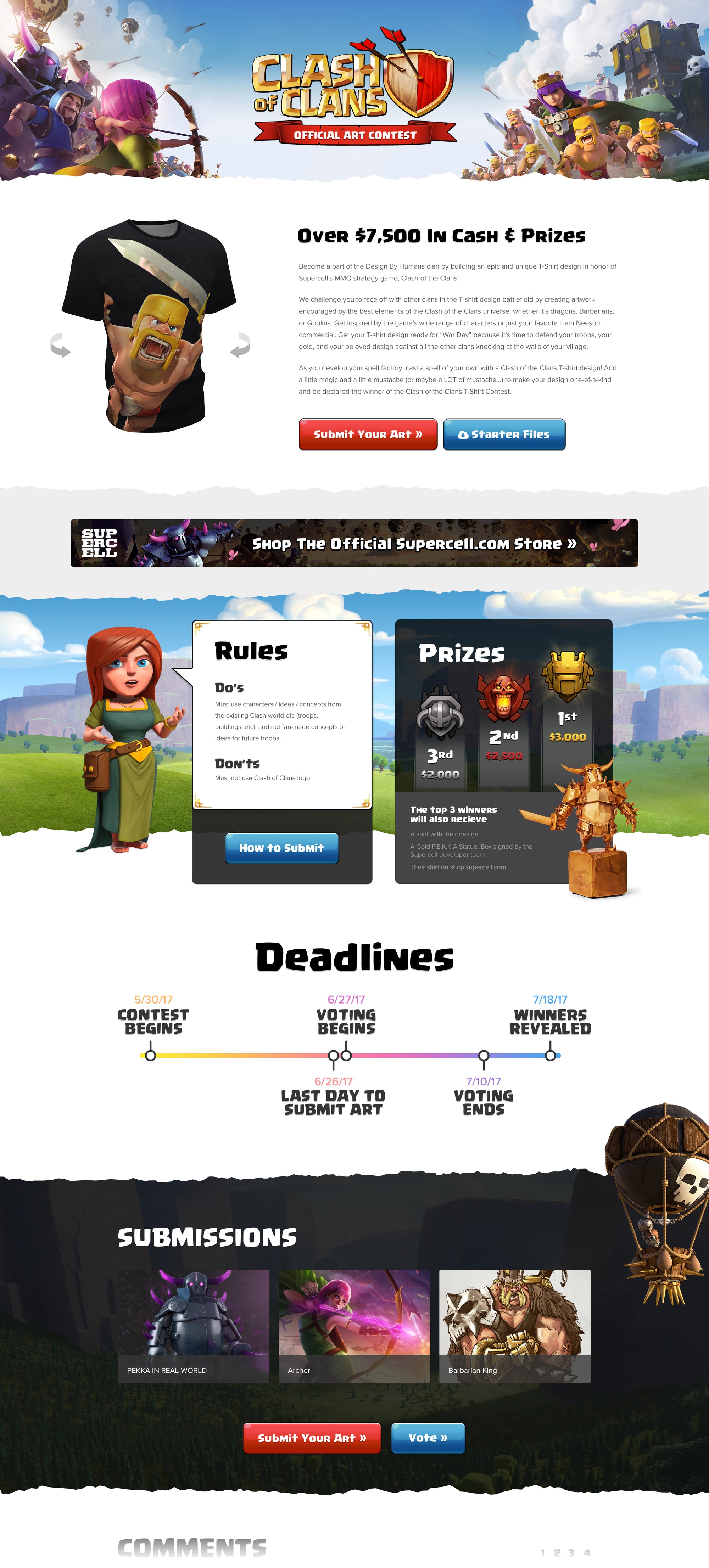Website page for 'Clash of Clans' contest with character images and prize information.