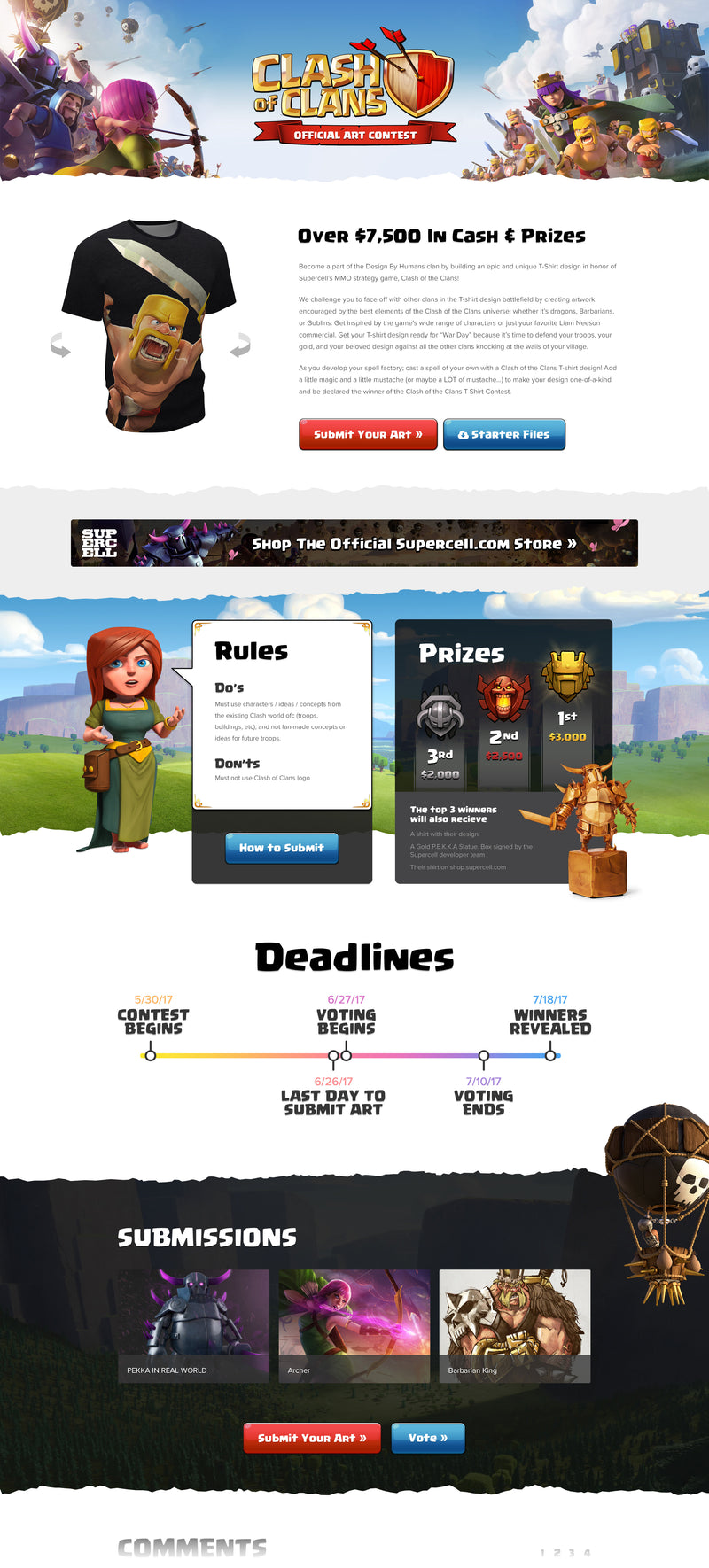 Website page for 'Clash of Clans' contest with character images and prize information.
