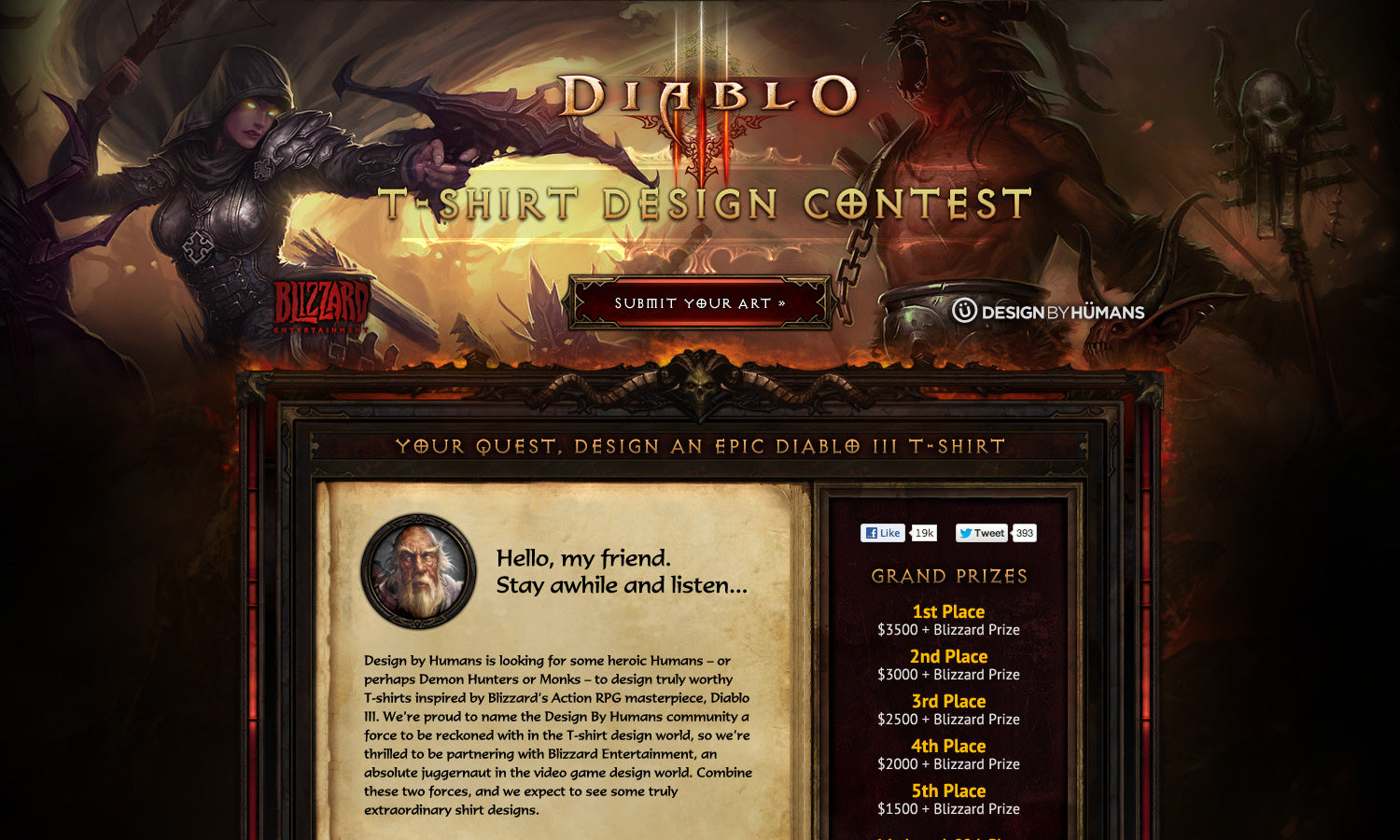 Landing page design for Diablo III design contest with characters and text overlay.