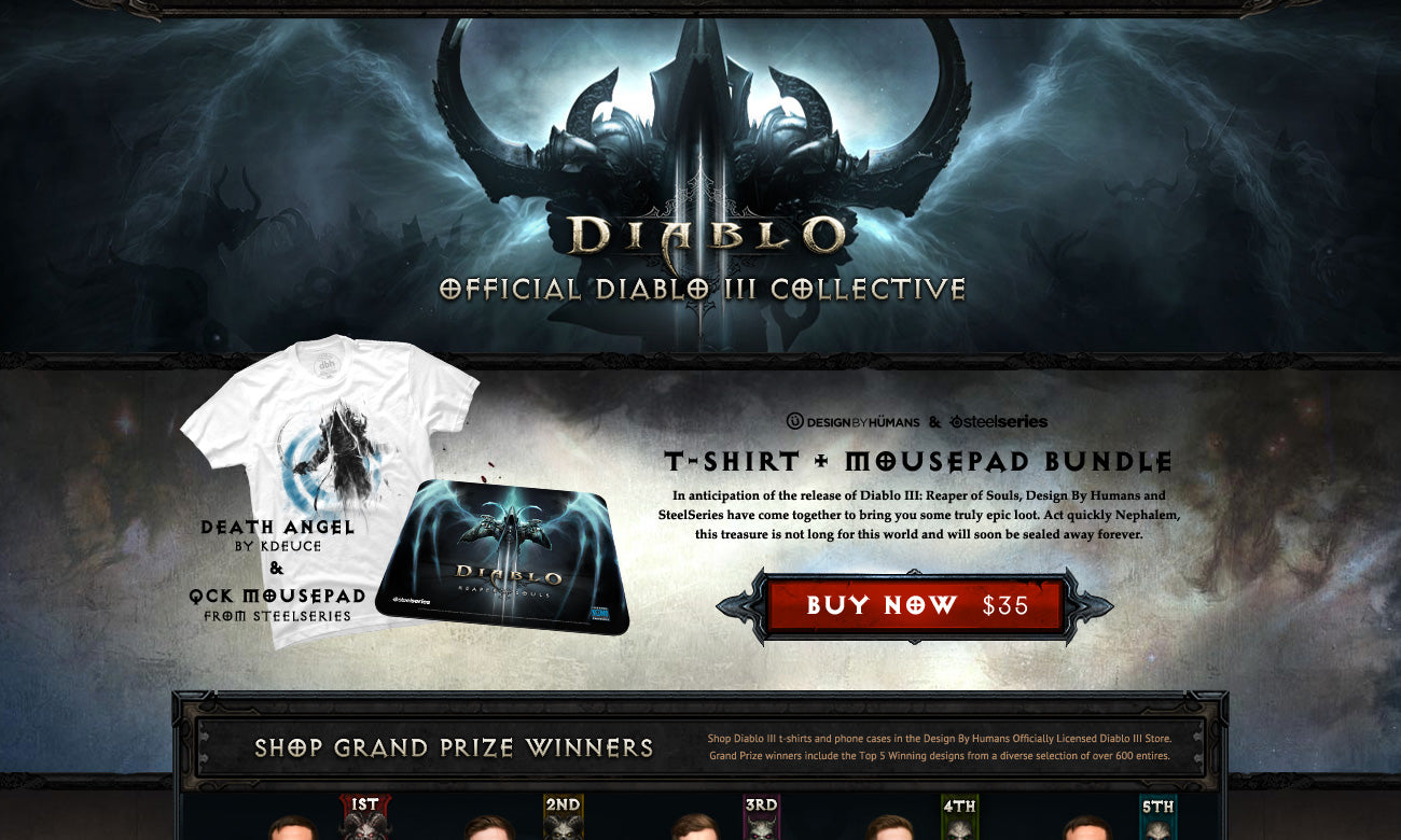 Web page design for Diablo III merchandise with t-shirt, mousepad, and other design elements.