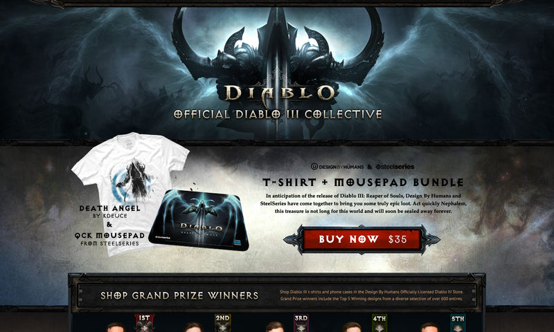 Web page design for Diablo III merchandise with t-shirt, mousepad, and other design elements.