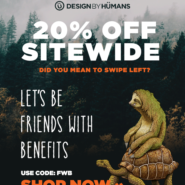 Promotional graphic with sloth on a turtle, forest background, and text overlay.