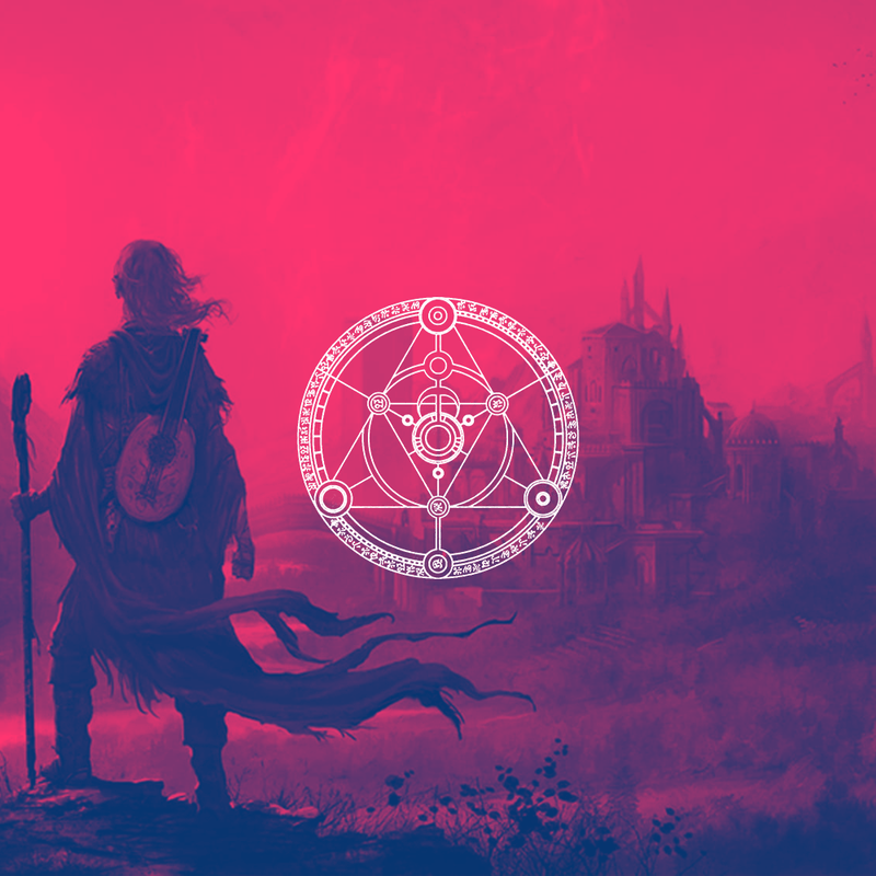 The Kingkiller Chronicles. Silhouette of a warrior with a shield and spear against a pink sky with a geometric symbol.