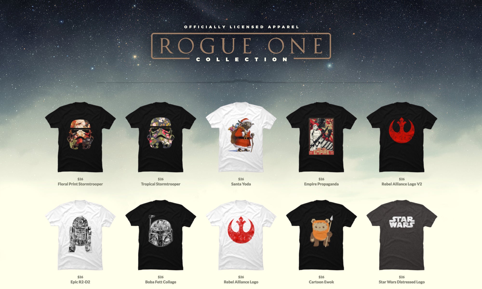 Web page design for 'Rogue One' product browse page. Collection of themed t-shirts against a starry space background.