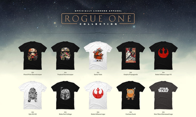Web page design for 'Rogue One' product browse page. Collection of themed t-shirts against a starry space background.