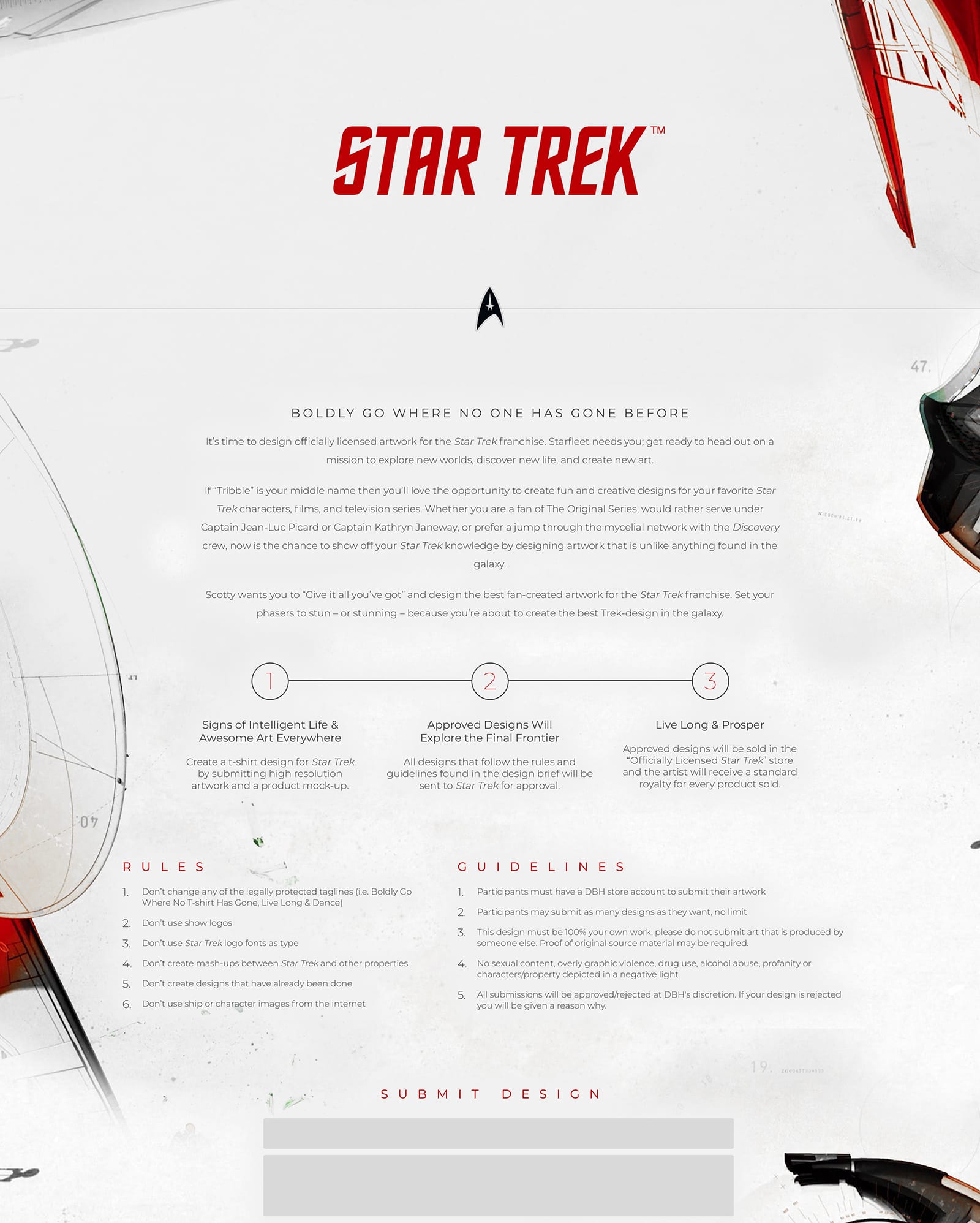 Star Trek design contest web page with star trek on a light background