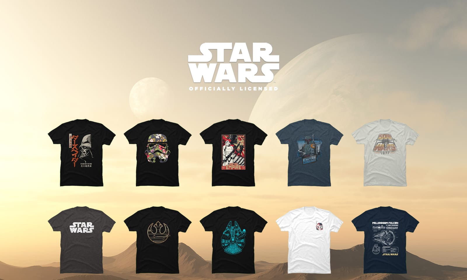 Web design for Star Wars product browse page. T-shirts with various designs against a desert landscape background.