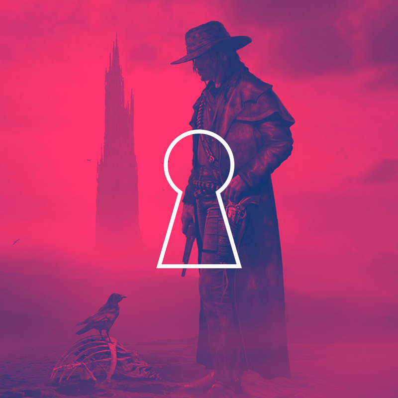 Conceptual poster for Stephen King's The Dark Tower series. The central figure is Roland Deschain, the Last Gunslinger, depicted in his signature cowboy-inspired attire. Overlaying the scene is The Keyhole: a central motif representing the connection between different worlds and realities in the series.