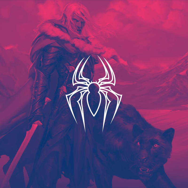 Art depicting the Dungeons & Dragons fantasy character Drizzt Do'Urden with his panther, Guenhwyvar. overlaying the scene is a spider emblem.