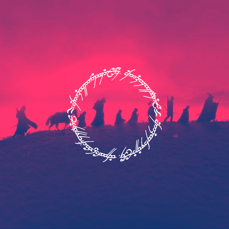 This image features the silhouetted Fellowship of the Ring from J.R.R. Tolkien’s The Lord of the Rings series. The figures shown in the silhouette represent the nine companions—Frodo, Sam, Merry, Pippin, Gandalf, Aragorn, Legolas, Gimli, and Boromir—along with Bill the Pony. Overlaying the scene is the iconic inscription from the One Ring. The text is written using Tengwar script. It translates to: One Ring to rule them all, One Ring to find them, One Ring to bring them all and in the darkness bind them.