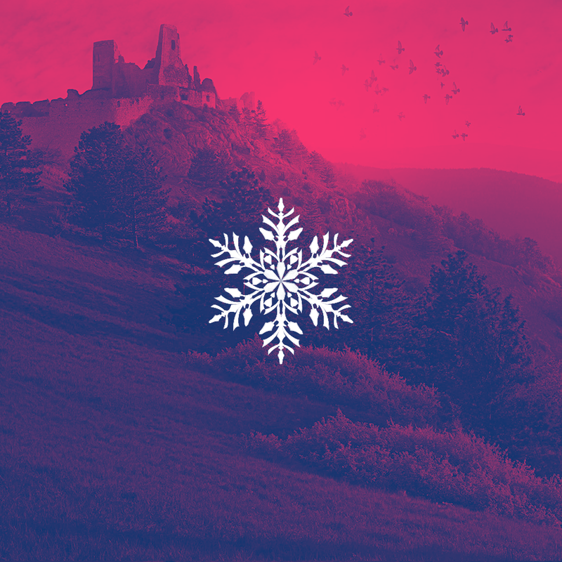 The Spellmonger Castle on a hill with a white snowflake in the foreground, all set against a pink and purple gradient background.