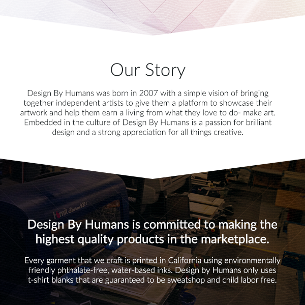 Text about Design By Humans' mission and values on a blurred background of a workspace.