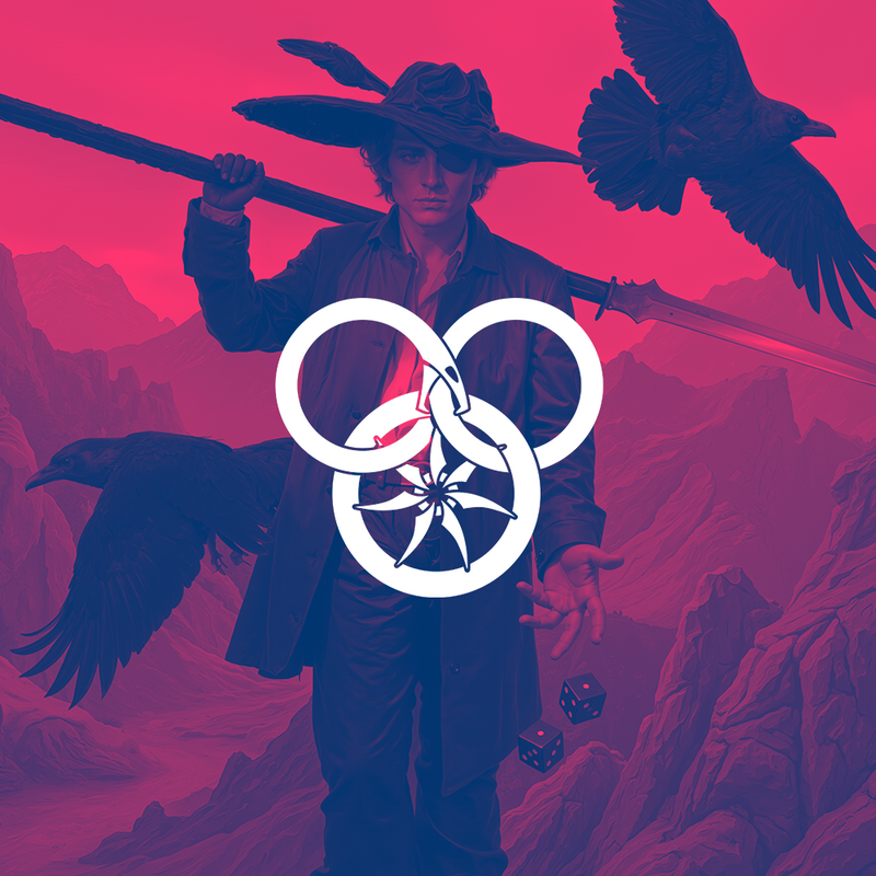 This image features the character Matrim (Mat) Cauthon from Robert Jordan's epic fantasy series, The Wheel of Time. Overlaying the scene is a white Snake and Wheel which represents the titular Wheel of Time itself.
